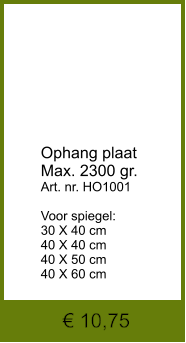 € 10,75          Ophang plaat Max. 2300 gr. Art. nr. HO1001  Voor spiegel: 30 X 40 cm 40 X 40 cm 40 X 50 cm 40 X 60 cm